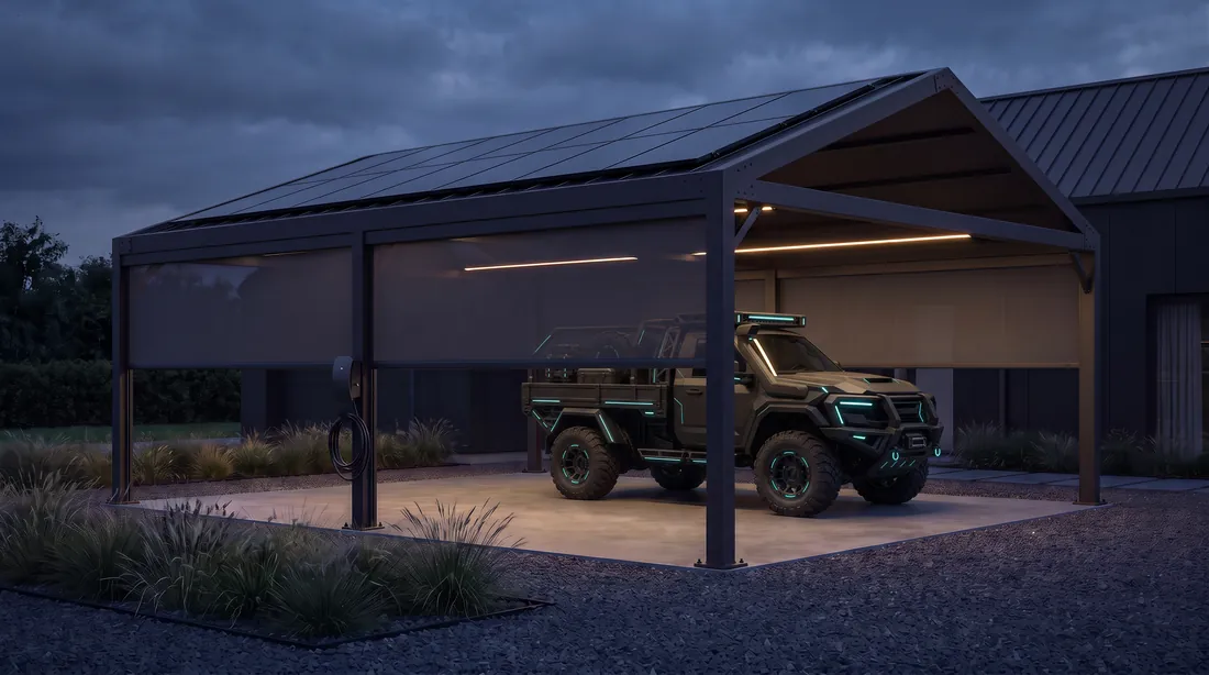 Concept visual: a dark steel carport at dusk with a solar roof, half-lowered side shade screens, light lines under the roof, a wall charger on a post and the studio’s own unbranded off-road pickup inside.
