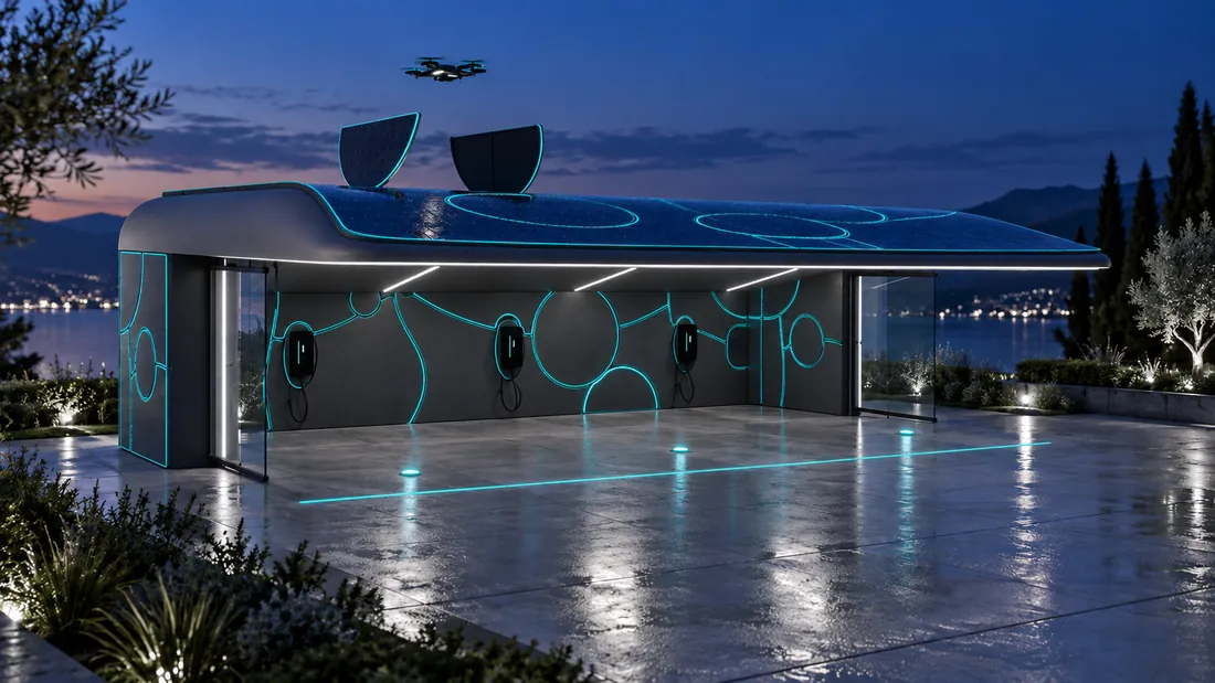 Concept visual of the station at dusk by a lake: one curved shell without columns, a solar roof with two raised hatch leaves and a drone above them, three charge points on a graphite wall with cyan light in every joint, glass side screens, a wet concrete floor with cyan floor lights.