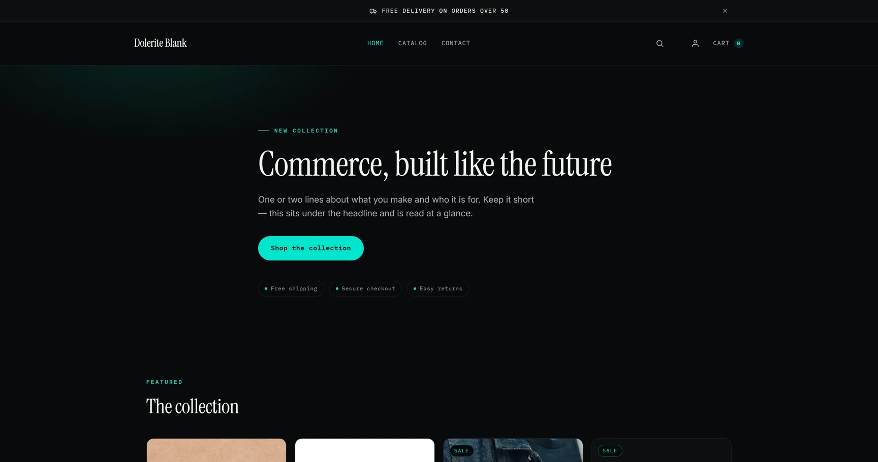 Dolerite Blank homepage — serif headline “Commerce, built like the future” over a near-black field, a cyan call-to-action and three small marker pills
