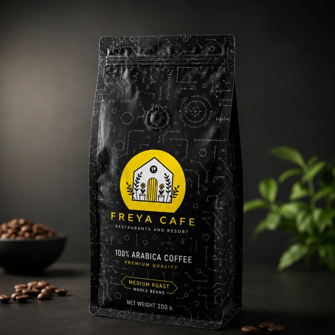 Freya Cafe branded coffee bag, 200g, dark packaging with the house emblem
