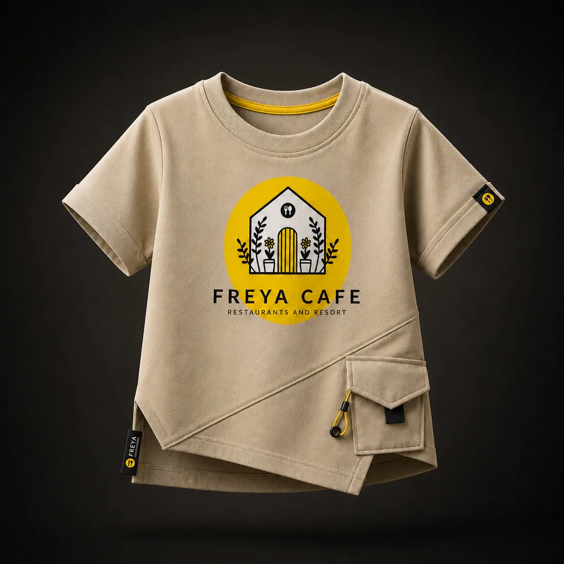 Sand-coloured kids' t-shirt with the Freya Cafe emblem