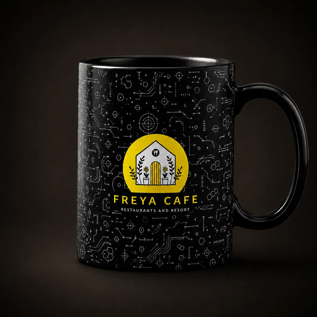 Black ceramic mug printed with the Freya Cafe pattern