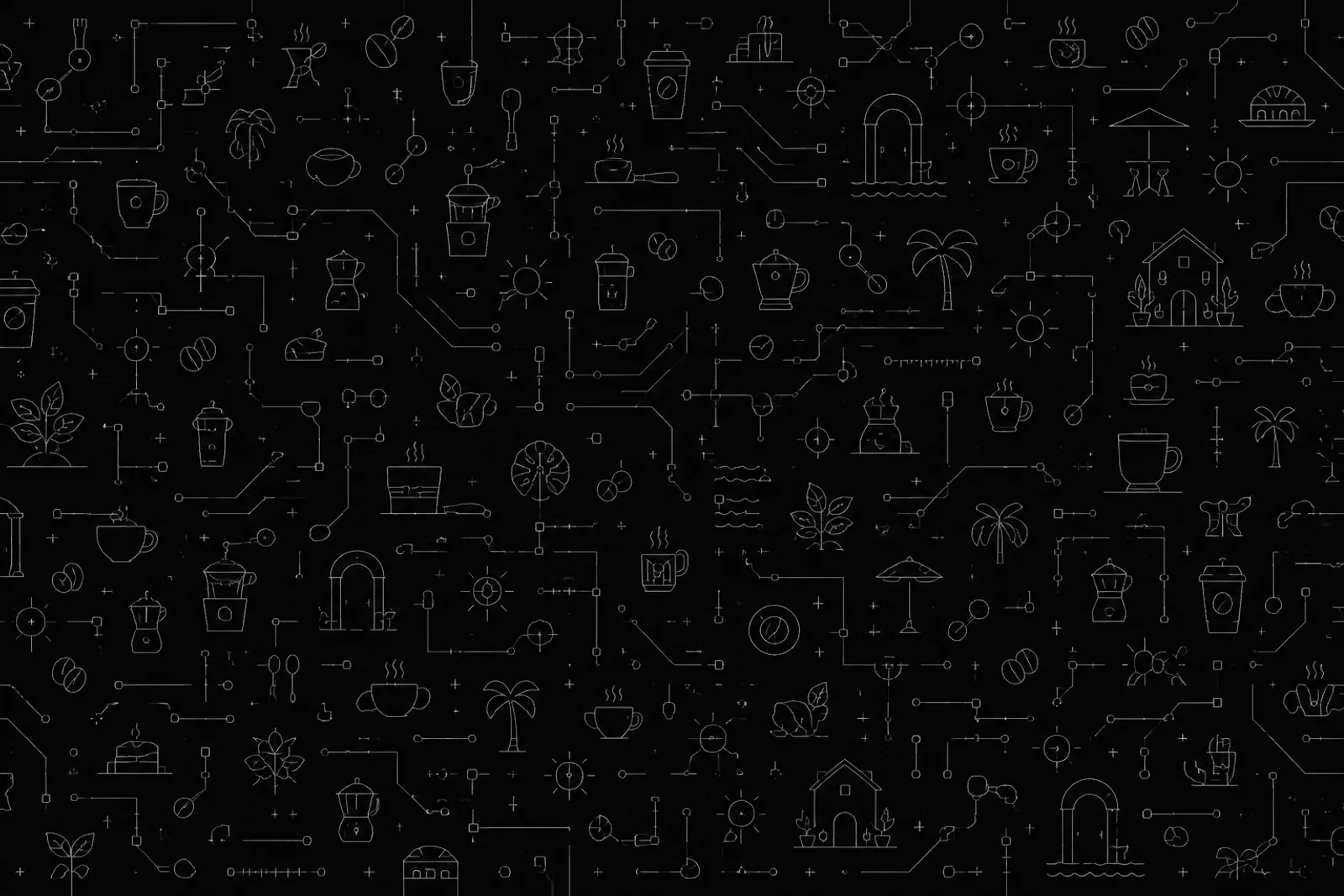 The Freya Cafe pattern — line-drawn coffee cups, palms, the house emblem and park motifs tiled across a near-black field