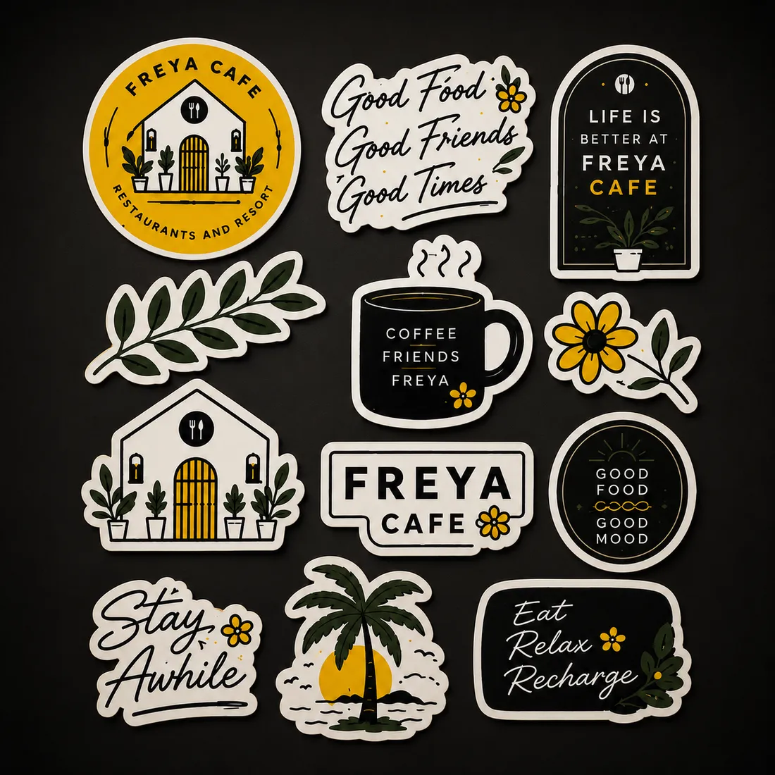 Sticker sheet with Freya Cafe illustrations and lettering